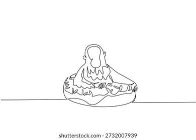 Dibujo de línea continua de orangután lindo juguetón representa a un gran animal acostado dentro de una rosquilla espumosa para el concepto de comida dulce. La ilustración simple se adapta a un póster de vivero para un gran amante encantador de los simios