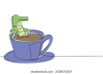 Desenho de linha contínua de crocodilo verde brincalhão para o conceito de natureza apresenta fofo animal embebido em uma xícara de café. Arte colorida representa um tema de dia internacional de répteis com criatura adorável