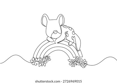 Dibujo de línea continua de hiena juguetona relajándose tranquilamente sobre un arco iris rodeado de flores y nubes en flor. Ilustración juguetona para el concepto de la naturaleza de la decoración de los niños
