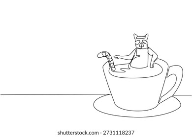 Durchgehende Linie Zeichnung von verspielten Lemur zeigt niedlichen Tier Einweichen in heißen Kaffeetasse für Natur Safari Konzept. Einzigartiges Design mit dem charmanten Primaten für einen internationalen Affentag Thema in der Kunst