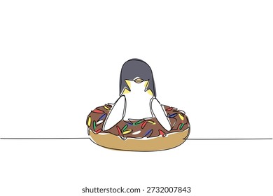 Kontinuierliche Linie Zeichnung von verspielten Pinguin für Konditorei-Konzept Features süße charmante Tier sitzen in glasierten Donut. Bunte Kunst für Kinder Schreibwaren Zweck mit energetischen arktischen Vogel Tier