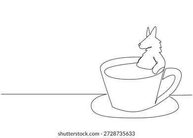 Desenho de linha contínua de lobo brincalhão mostra fofo animal embebido em xícara de café para o conceito de natureza. Design exclusivo apresenta o canino selvagem para um tema de dia de café internacional em minimalista