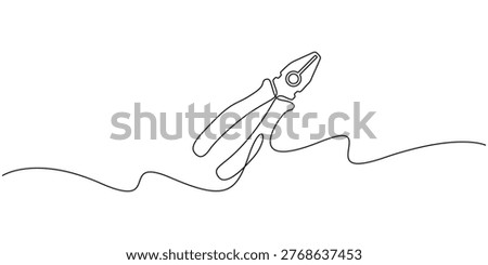 Continuous Line Drawing of Pliers with Minimalist Path for Tool Design, Single Line Art Illustration of Hand Tool Pliers on White Background, One Line Vector Drawing of Pliers for DIY, Repair, and Construction Concepts, Minimalist Pliers Silhouette in Continuous One Line Style for Hardware Art