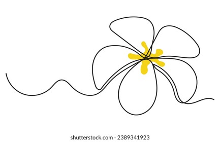 continuous line drawing of Plumeria flowers. Single-line art tropical plant hand drawing Plumeria flowers vector illustration. sketch on a white background.