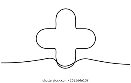Dibujo de línea continua más signo. Medicina o símbolo matemático. Ilustración vectorial aislada en blanco.