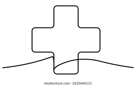 Continuous line drawing plus sign. Medicine or mathematic symbol. Vector illustration isolated on white.