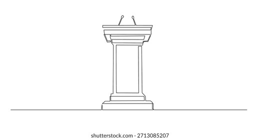 Dibujo de línea continua de un podio con un micrófono que simboliza discursos, presentaciones, liderazgo y comunicación pública. Ideal para conferencias, educación y temas religiosos.