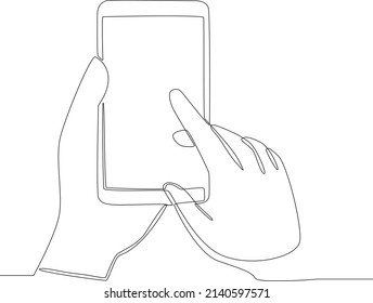 Continuous line drawing of point finger on screen mobile phone. People hands using smartphone. Vector illustration.