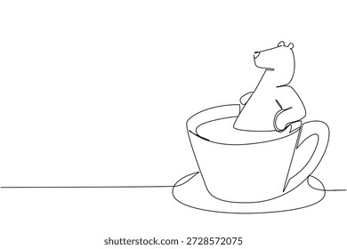 Desenho de linha contínua de urso polar mostra fofo animal embebido em xícara de café para o conceito de natureza. Design exclusivo apresenta a criatura ártica para um tema de dia do urso polar internacional e logotipo do café