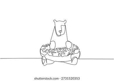 Dibujo de línea continua de oso polar muestra lindo animal ártico acostado dentro de la rosquilla vidriada para el concepto de pastelería de lujo. Diseño único presenta criatura antártica para un tema del día internacional de la comida en el arte