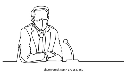 continuous line drawing of politician in protective masks speaking during briefing about coronavirus