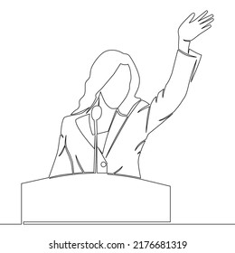 Continuous Line Drawing Politician Woman Standing Behind Rostrum And Giving A Speech Concept