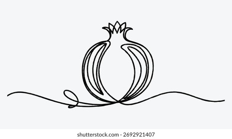 Continuous line drawing of a pomegranate on white minimalist style art