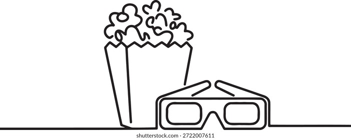 Continuous line drawing of popcorn box and 3D glasses, entertainment, cinema snack, watching film, leisure activity, casual fun, modern art, simple illustration for design projects.