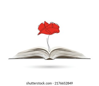 Continuous line drawing of poppy flowers on an open book. Abstract minimal poppy. Doodle. Line art