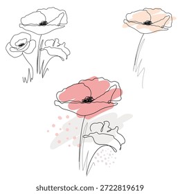 Eine durchgehende Linienzeichnung eines Mohns. Ein Satz minimalistischer Mohnblumen. Schwarze und weiße Doodles. Mohnsymbol, Logo oder Etikett.