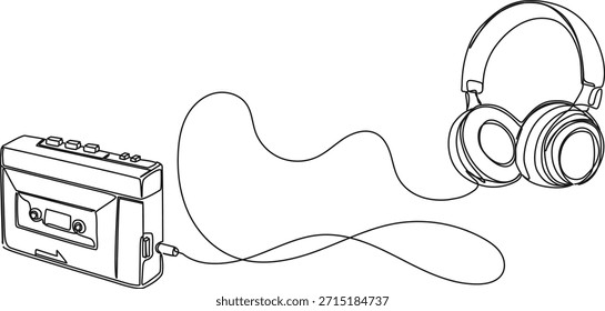 Dibujo de línea continuo de reproductor de casete portátil con auriculares estéreo, Ilustración vectorial de arte de línea