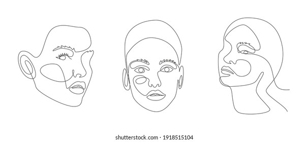 Dibujo continuo de la línea de retrato de las caras de una mujer hermosa con formas de abstacto. Belleza Retrato de estilo minimal. Ilustración vectorial para camiseta, diseño de slogan estilo gráfico