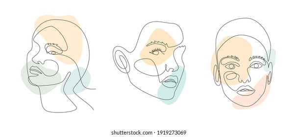 Continuous line drawing of Portrait of a Beautiful Women's faces with abstract shapes. Beauty Minimal style portrait. Vector illustration for t-shirt, slogan design print graphics style