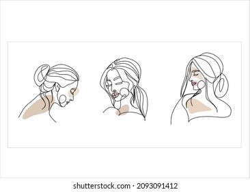 Continuous line drawing of Portrait of a Beautiful Women's faces with abstract shapes. Beauty Minimal style portrait. Vector illustration for t-shirt, slogan design print graphics style