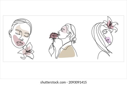 Continuous line drawing of Portrait of a Beautiful Women's faces with abstract shapes. Beauty Minimal style portrait. Vector illustration for t-shirt, slogan design print graphics style