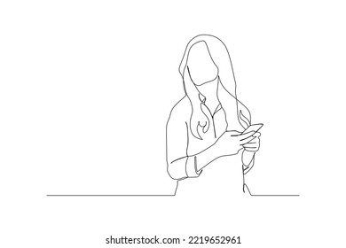 continuous line drawing of  portrait beautiful young woman smile with smart mobile phone
