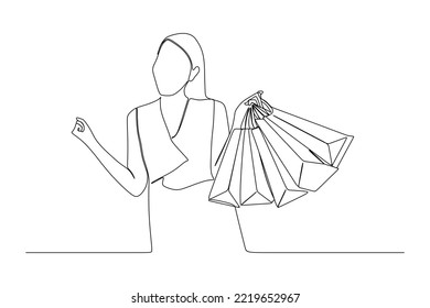 continuous line drawing of Portrait beautiful young asian woman smile with shopping bag