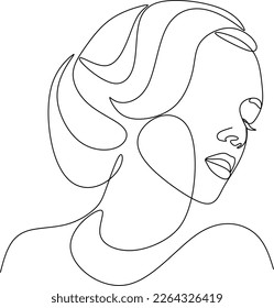 Continuous line drawing of Portrait of a Beautiful Woman's face. The Concept of Skin Beauty Care for young female models. Fashion beauty model with a white background. Vector