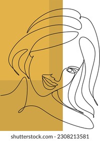 Continuous line drawing of Portrait of a Beautiful Woman's face. The Concept of Skin Beauty Care for young female models. Fashion beauty model with a white background. Vector