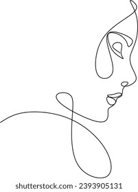 Continuous line drawing of a portrait of a beautiful woman's face. Skin care concept for young female models. Fashion beauty model with white background. Hand drawn vector illustration without artific