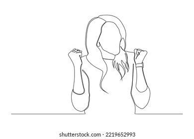 dibujo de línea continua de retrato de una joven emocionada celebrando el éxito