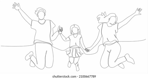 continuous line drawing portrait of a happy family celebrating by jumping together vector illustration