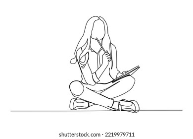 dibujo de línea continua del retrato de una joven en edad de pensar notas