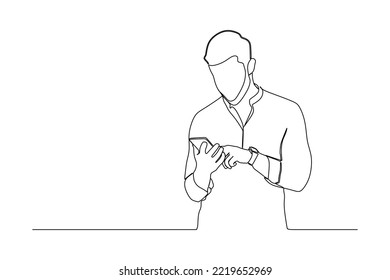 continuous line drawing portrait of a smiling man holding a mobile phone