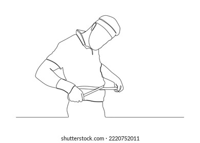 continuous line drawing of portrait of a sports man measuring his waist with tape