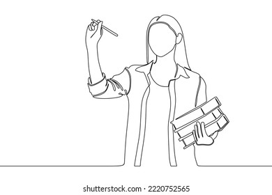 continuous line drawing portrait of teenage woman holding a book in her arm and using a pencil