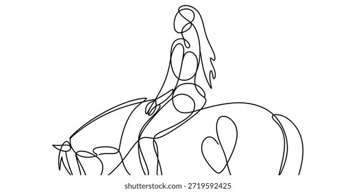 Eine durchgehende Linie Zeichnung, die eine anmutige Frau darstellt, die auf einem majestätischen Pferd reitet Vektor, Illustration