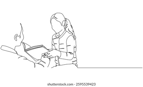 A continuous line drawing portrays children engrossed in reading, illustrating the joy of learning and the bond formed through shared stories. A simple yet evocative image symbolizing education.