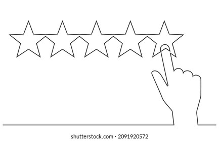 Continuous line drawing of positive feedback concept. Business hand give five star rating. Vector illustration