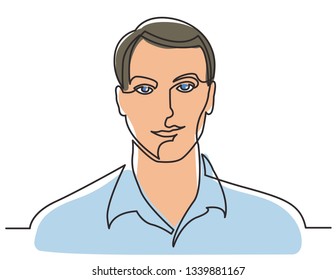 continuous line drawing of positive man portrait on white background