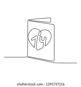 Continuous line drawing. A postcard with a heart around the date. 14th of February. Valentine's day. Template for love cards.  Black isolated on white background. Hand drawn vector illustration. 