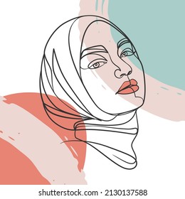 Continuous line drawing poster of hijab girl. Woman hijab one line drawing minimalist design
