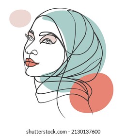 Continuous line drawing poster of hijab girl. Woman hijab one line drawing minimalist design