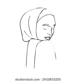 Continuous line drawing poster of hijab girl. Woman hijab one line drawing minimalist design