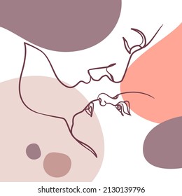 Continuous line drawing poster of mother kisses baby. One line drawing of mother and her child
