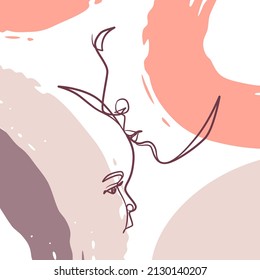 Continuous line drawing poster of mother kisses baby. One line drawing of mother and her child