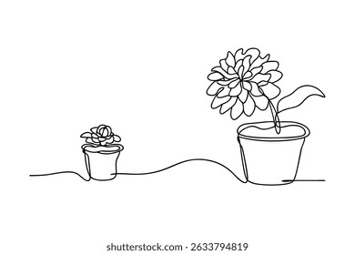 Dibujo de línea continua de flores en maceta que muestra el crecimiento y la belleza botánica