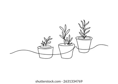 Desenho de linha contínua de plantas em vaso mostrando crescimento e progresso sobre fundo branco