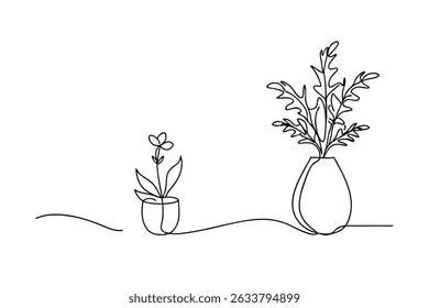 Continuous line drawing of potted plants and decorative vase with foliage on white background