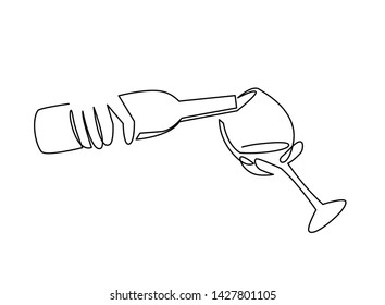 Continuous line drawing pouring wine from bottle to glass. Bottle of alcohol in the hands of a bartender. Vector illustration on white background. Minimalistic line art style illustration
